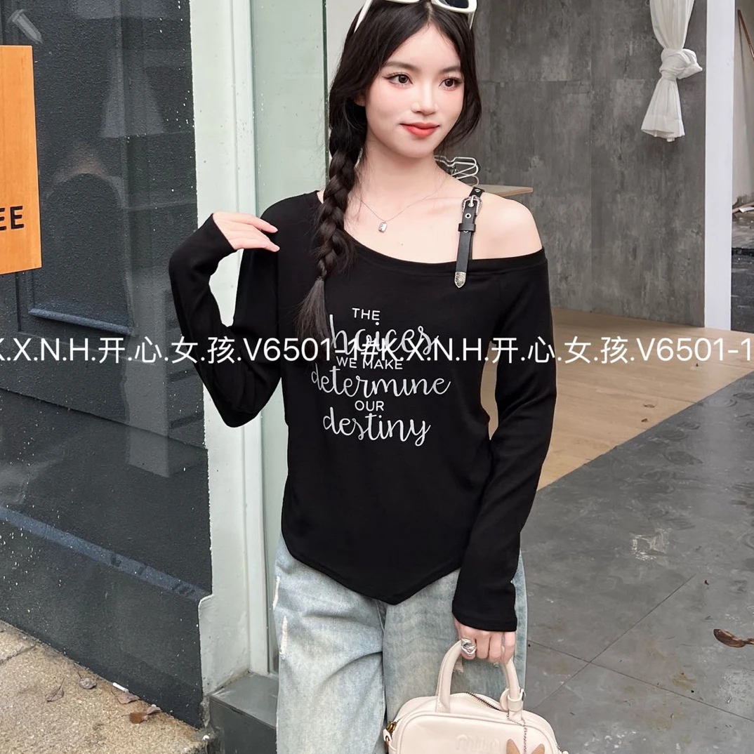 小众斜领T恤极简风条纹长袖显瘦百搭抗起球修身辣妹