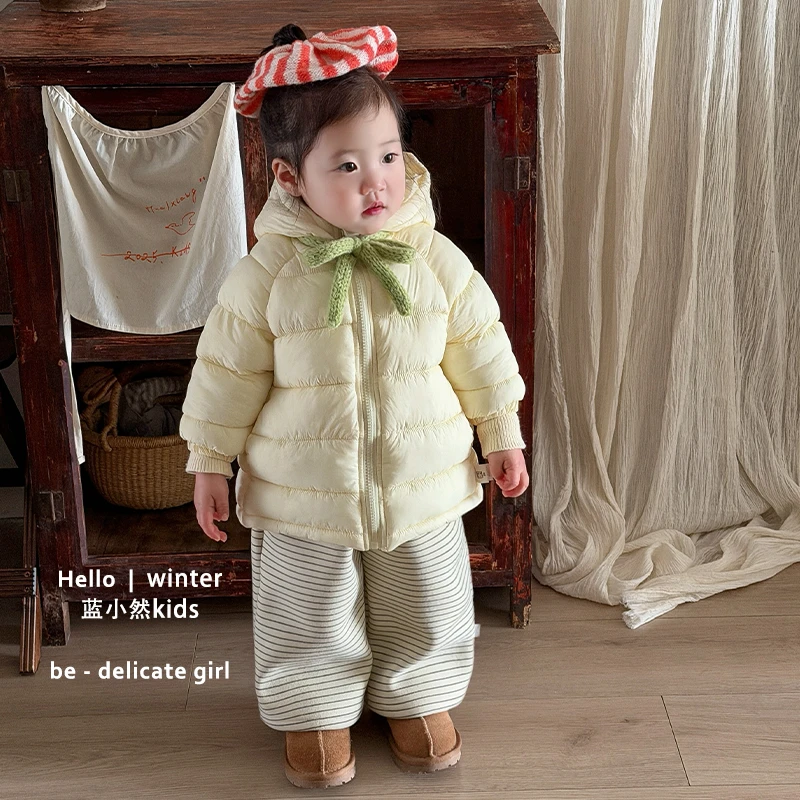 K25D50新款女宝秋冬横条棉服韩版奶呼呼女宝连帽加厚冬装女童拉链