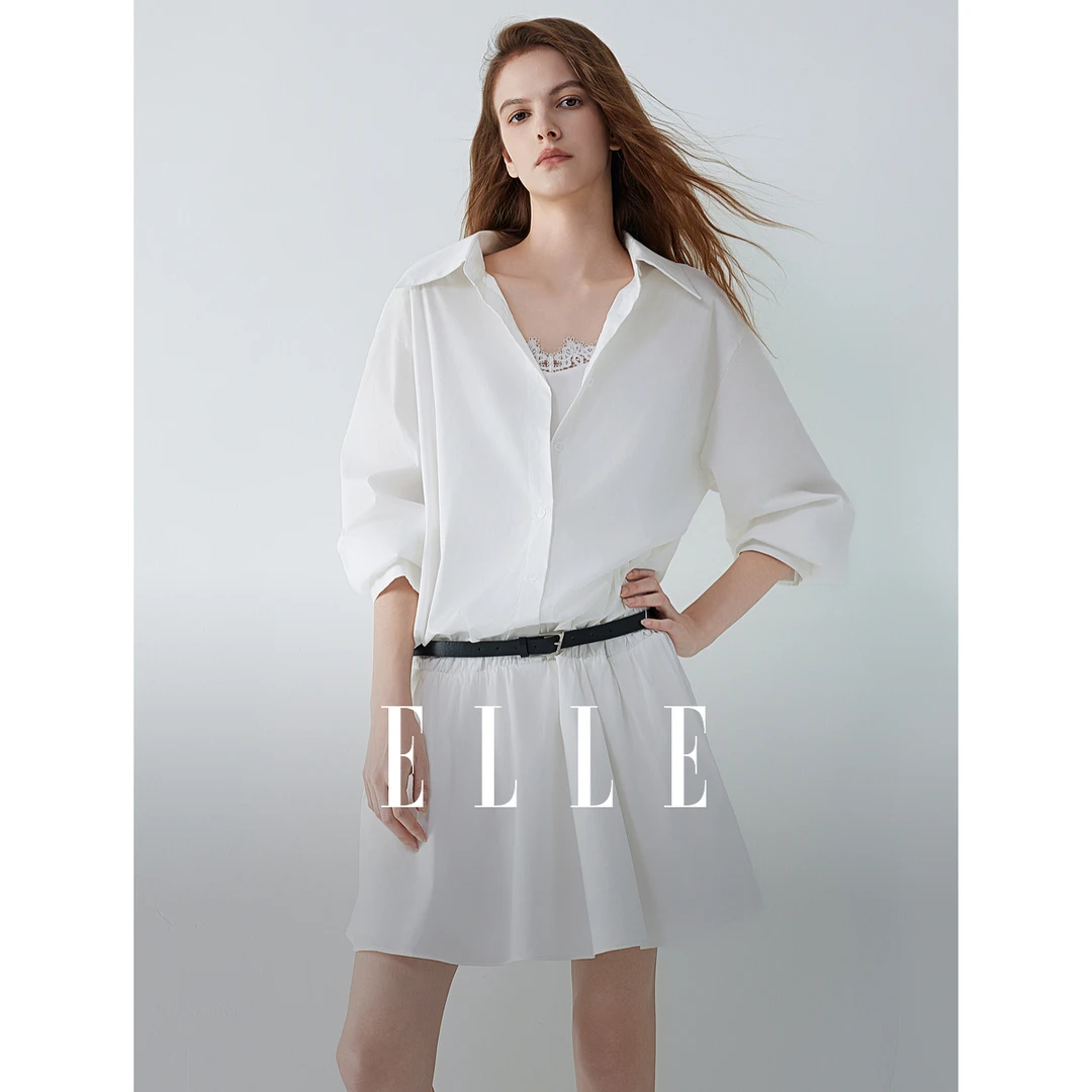 ELLE白色假两件蕾丝V领衬衫连衣裙女2025秋新款松弛感短裙EL51824