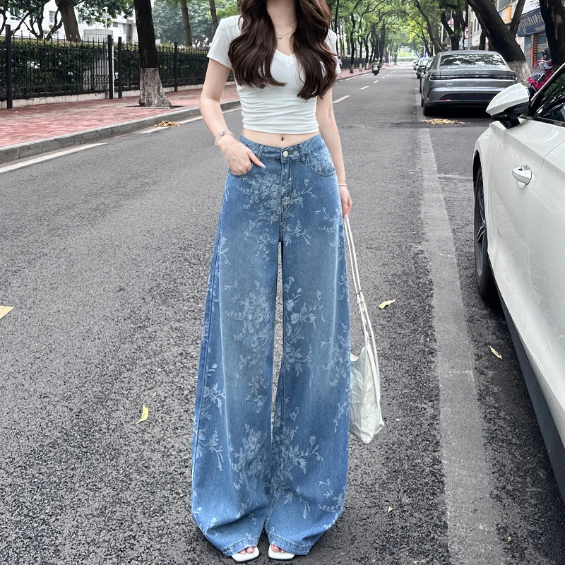 夏季薄款复古印花窄版阔腿直筒牛仔裤女高腰慵懒宽松垂感拖地裤子