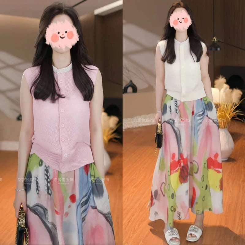 小众炸街高级感女装夏季无袖针织开衫撞色半身裙套装温柔知性衣服