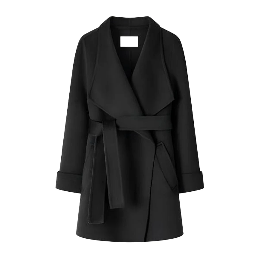 法式风腰带收腰大翻领毛呢大衣女显瘦优雅中长款外套HBZXW918352