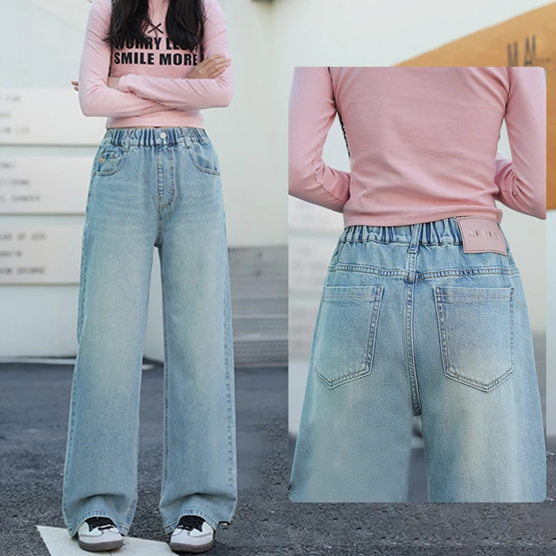 女童裤子阔腿牛仔裤春款2025新款儿童装中大童春季女孩直筒阔腿潮