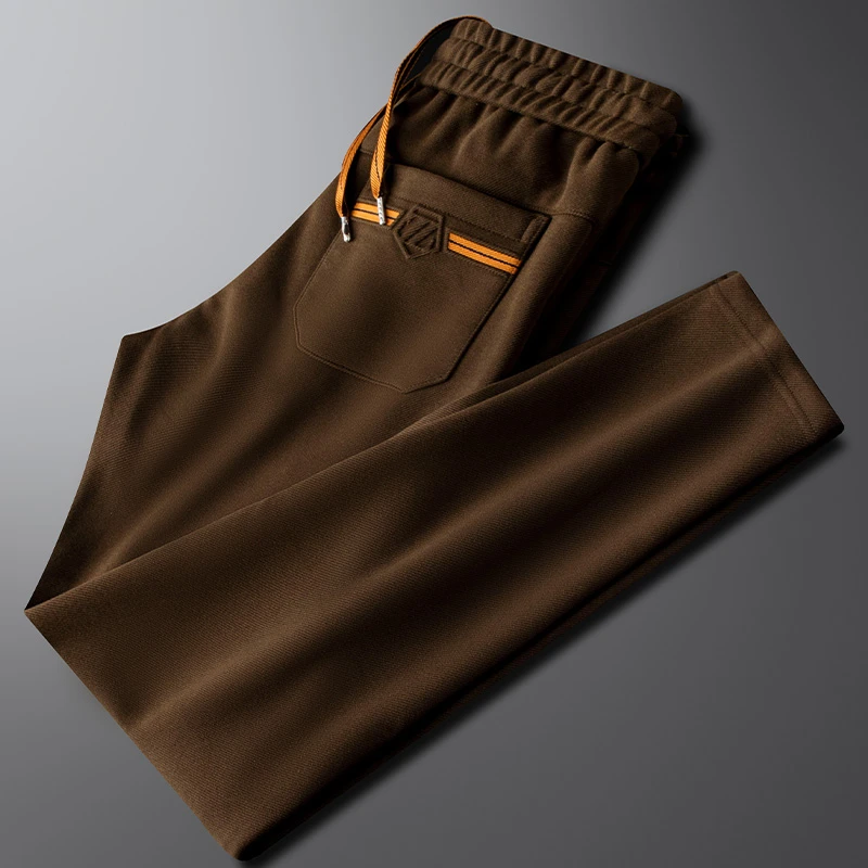 荷波撒纳温秋冬季磨毛潮流厚款休闲裤深咖色直筒运动修身小脚卫裤