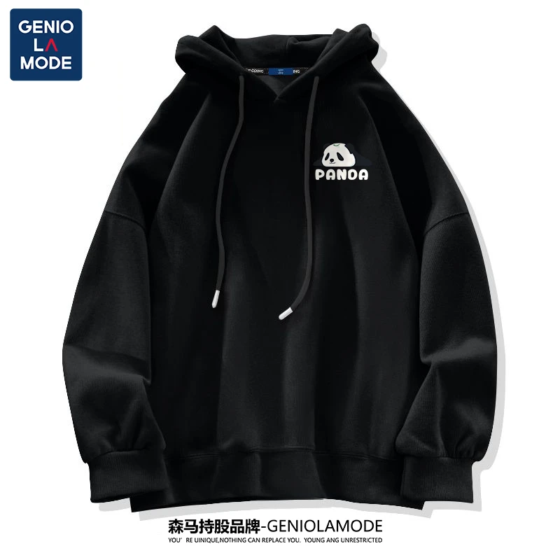 GENIOLAMODE黑色连帽卫衣男国潮熊猫印花上衣春季男士基础款外套