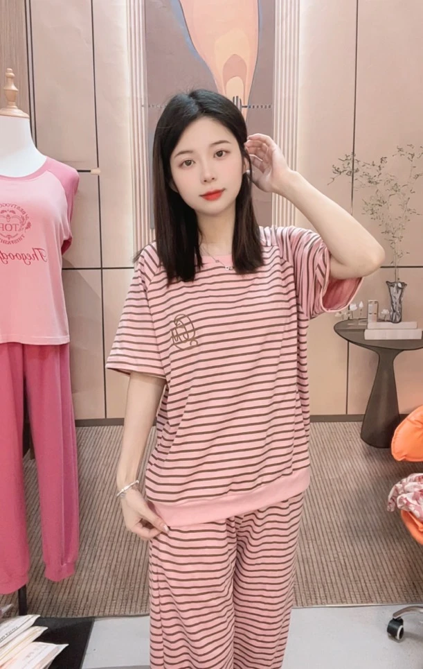 22671 雾粉色条纹短袖长裤加短裤女士睡衣家居服【三件套】