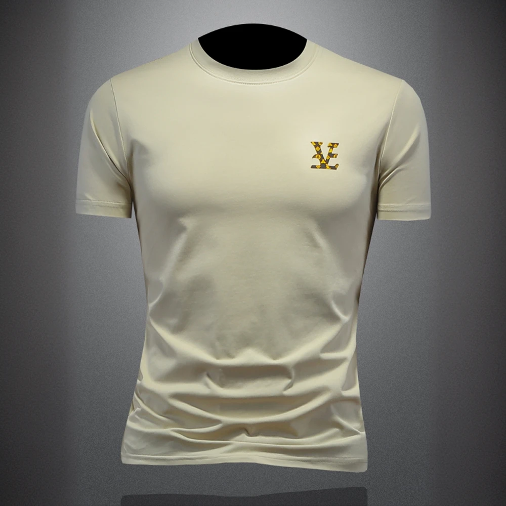 希敦纽勒刺绣丝光棉短袖t恤男夏季潮流休闲圆领修身百搭透气半袖