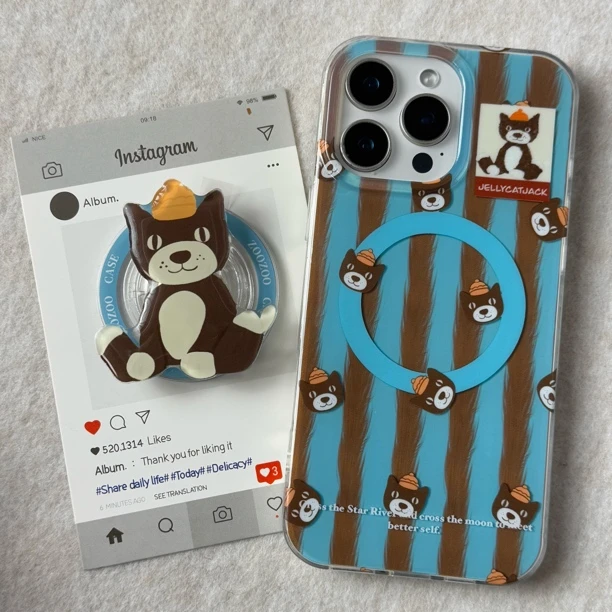 磁吸卡通棕蓝条纹小狗支架适用iPhone16手机壳苹果16ProMax新款15