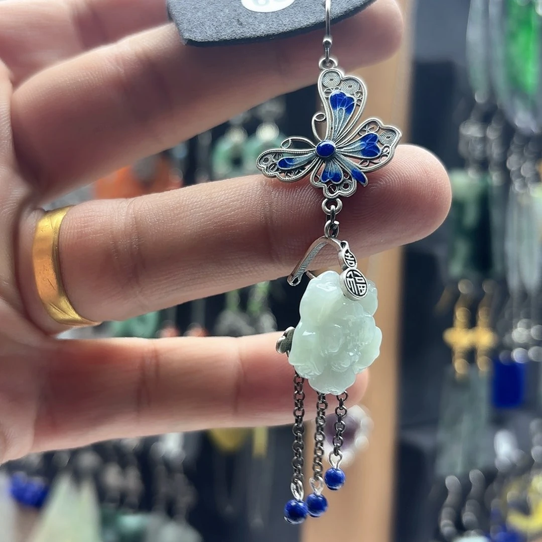 翡翠耳饰银S925镶嵌时**梭