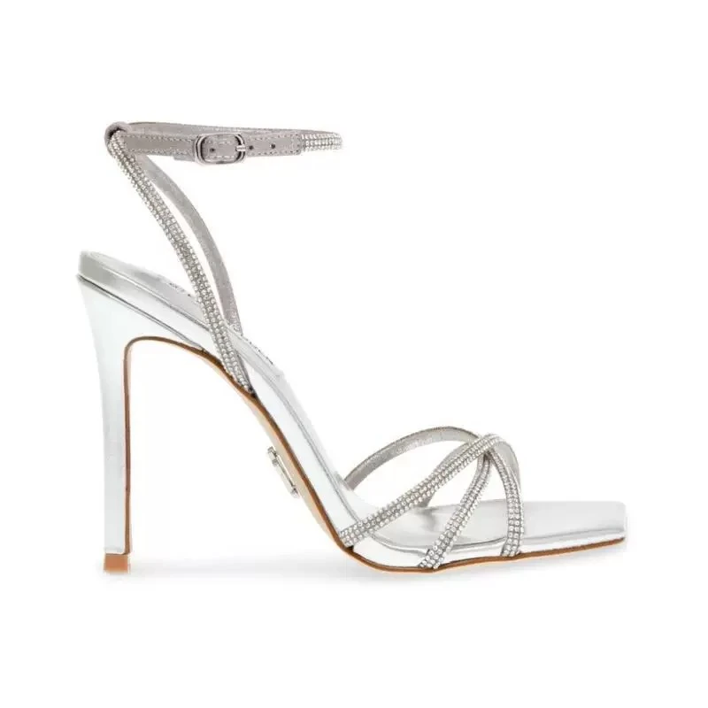 新款银色交叉水钻法式一字带高跟鞋夏季仙女细跟方头露趾凉鞋女