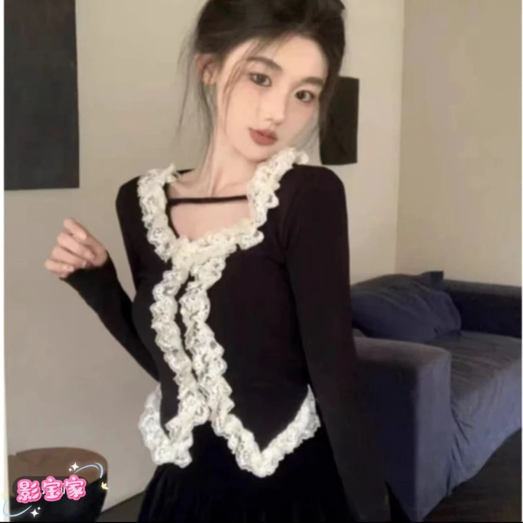 法式纯欲风蕾丝花边长袖打底2025秋冬新款设计感显瘦小众T恤上衣