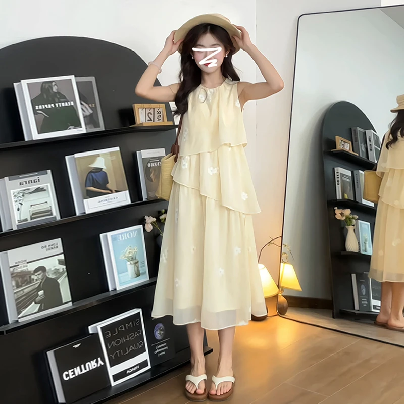 特价温柔风不规则拼接无袖连衣裙子女夏季小个子甜美吊带长裙4104