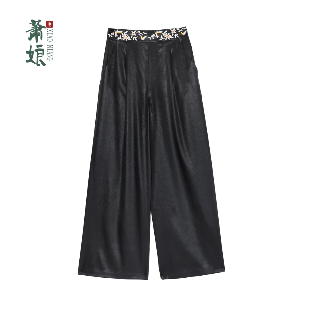 萧娘【隅光】弹力缎阔腿裤新中式桑蚕丝休闲宽松百搭国风女裤XN2497