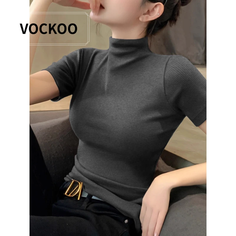 VOCKOO螺纹半高领短袖t恤女2025年春夏季新款高级灰百搭紧身打底