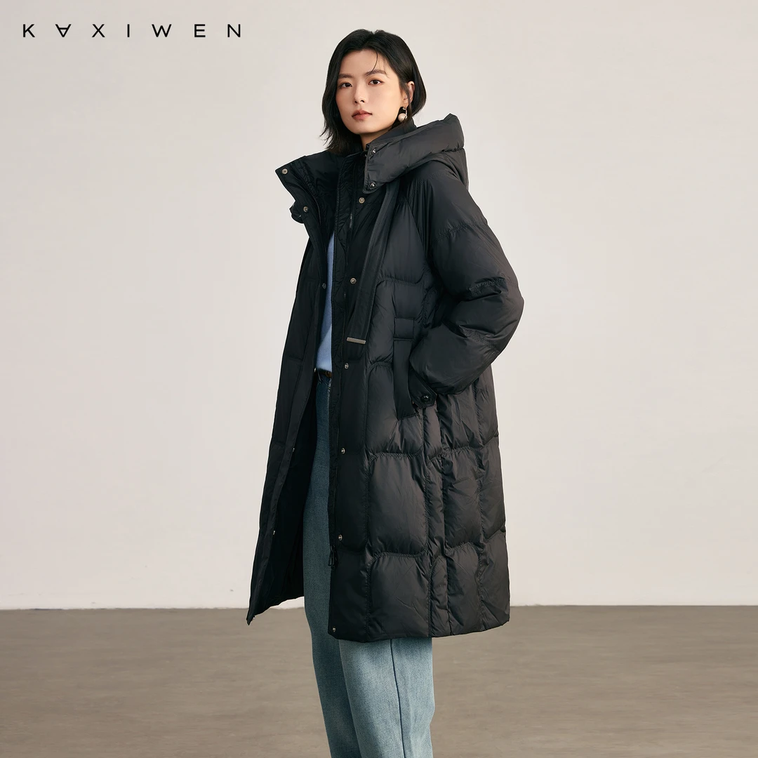 佧茜文泡芙绒感羽绒服「90绒」都市简约长款连帽外套D09DYW9869