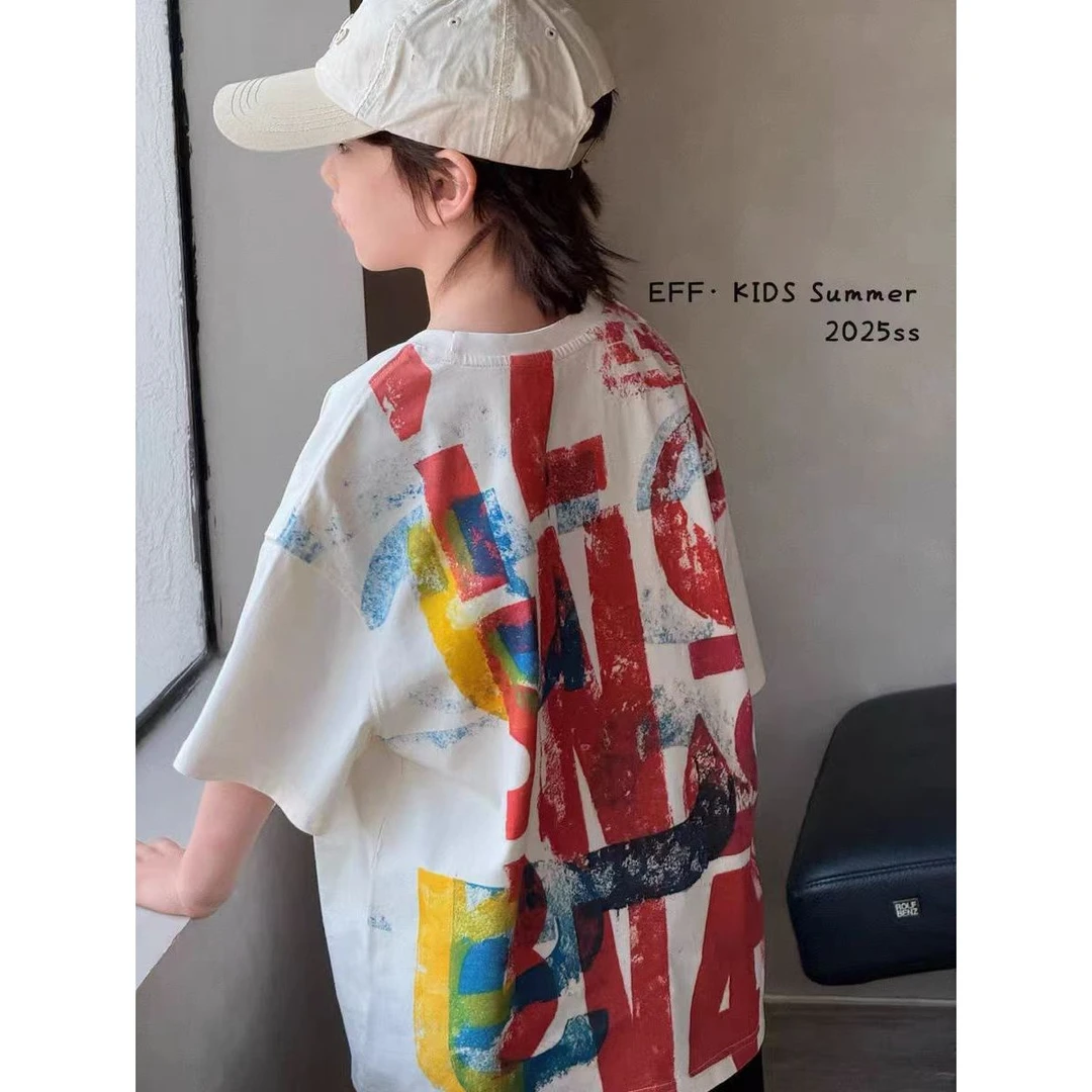 新款儿童韩版时尚百搭短袖字母印花休闲上衣