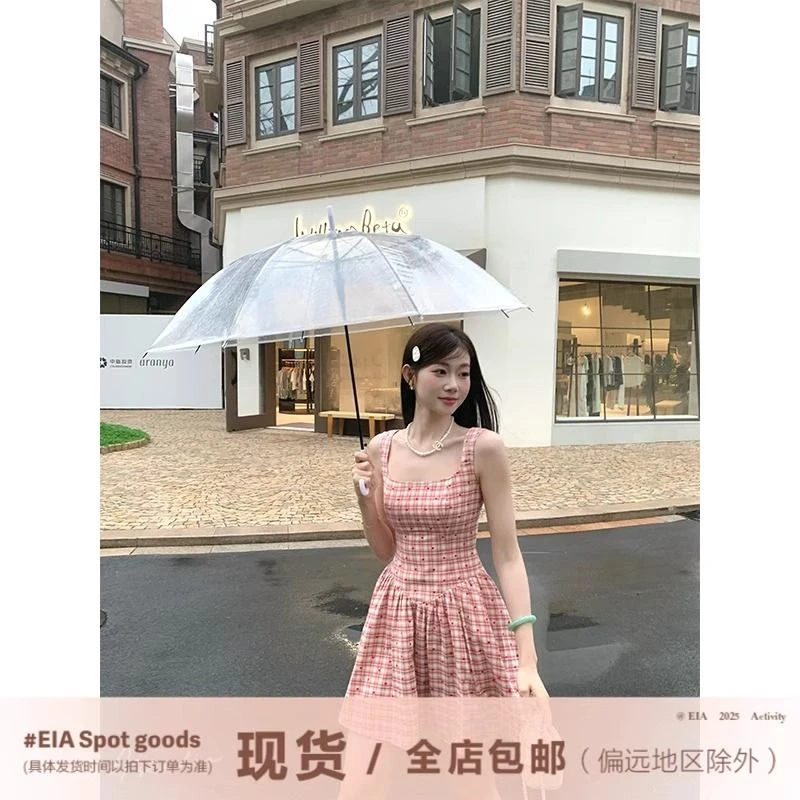 EIA一尧【甜心雪莉玫】韩系连衣裙女夏甜美俏皮少女感格纹A字裙