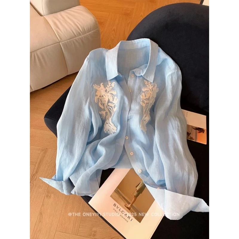 老钱风浅蓝色花朵刺绣polo领衬衫2025春新款设计感小众气质上衣女