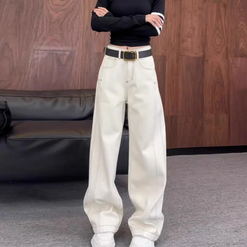 冬季加绒加厚米白色牛仔裤女帅气百搭宽松显瘦高腰阔腿裤