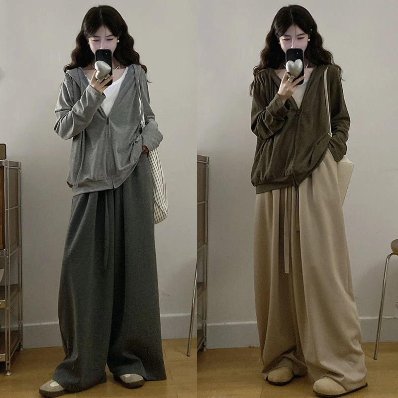 大码胖mm女装慵懒风假两件连帽外套女+抽绳高腰直筒休闲裤套装女