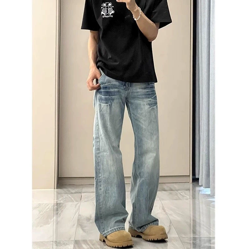 浅蓝色闪电纹牛仔裤男款vibe微喇弯刀裤子美式高街冰蓝色直筒长裤