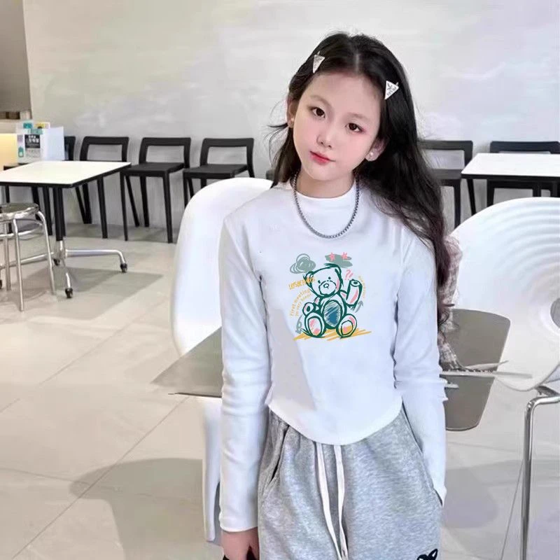 秋冬上新纯棉女长袖t恤中大儿童弧形设计感打底可爱印花ins风上衣