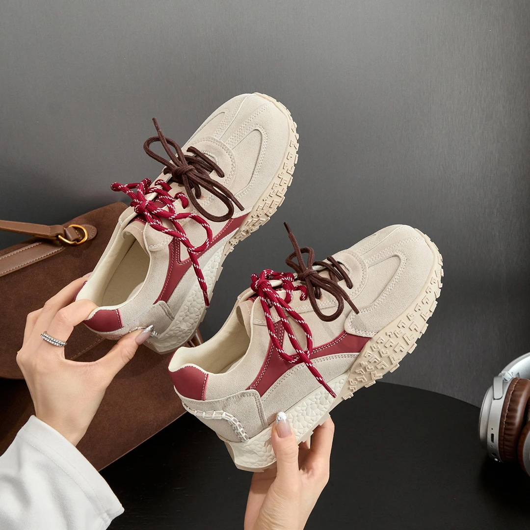 「7cm」32-39码内增高真皮德训鞋女2024新百搭休闲运动慢跑阿甘鞋女