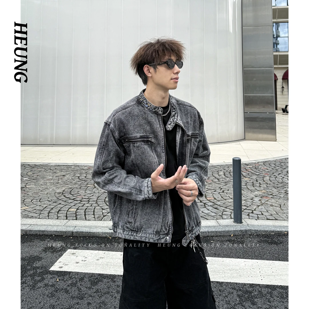 HEUNG 秋季美式小众复古水洗做旧领口搭扣设计感机车牛仔夹克男生