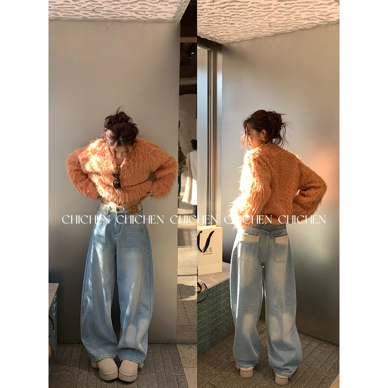 CHICHEN-“怕冷星人  加厚绒” 水洗蓝宽松弯刀牛仔裤长裤女冬