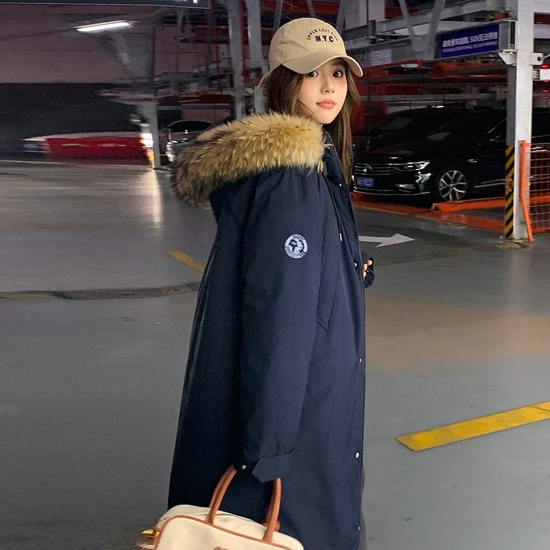 冬季大毛领加厚长款过膝工装棉服外套女2025新款派克服棉衣长棉袄