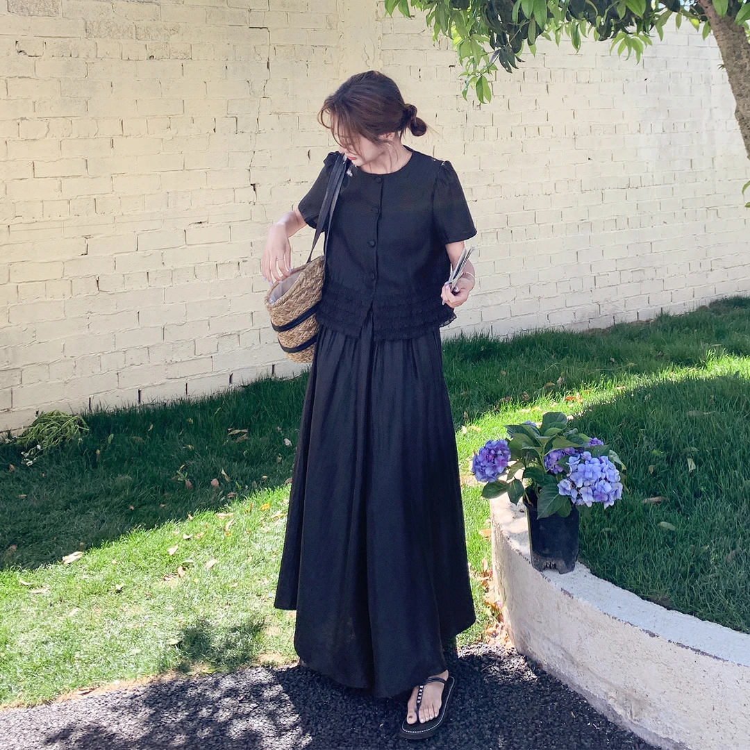 韩系黑色短袖上衣半身裙套装女2025夏新款设计感木耳边拼接两件套