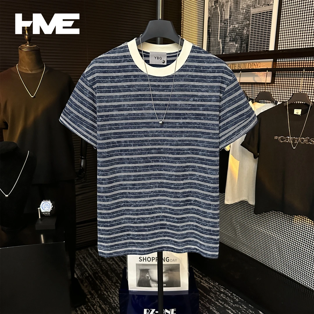 【HMEYAO】夏季重磅雪花扎染撞色细条纹潮流设计T恤冰感棉圆领短袖
