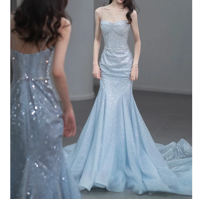 敬酒服新娘超仙蓝色法式吊带鱼尾礼服裙学生艺考主持人宴会晚礼服