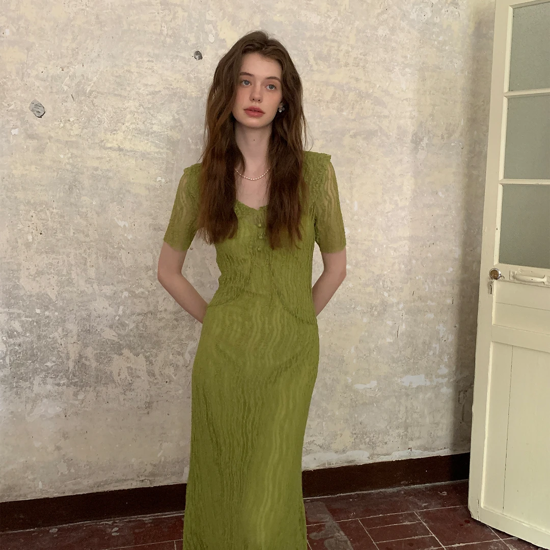 ZHUYIYI 新款法式蕾丝短袖薄纱连衣裙女夏新款收腰长裙原创