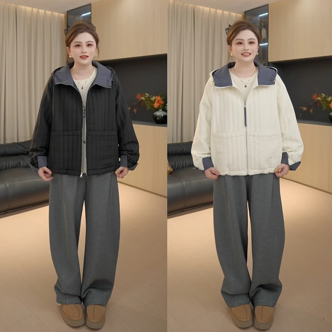 【胖佳佳】浅冬独白 冬季时尚格纹拼接连帽棉衣外套女H625H16658