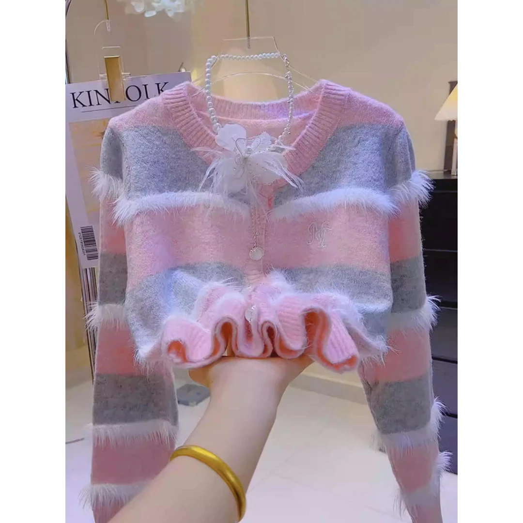 品质粉色圆领流苏毛衣外套女秋冬慵懒风甜美温柔风针织开衫上衣潮