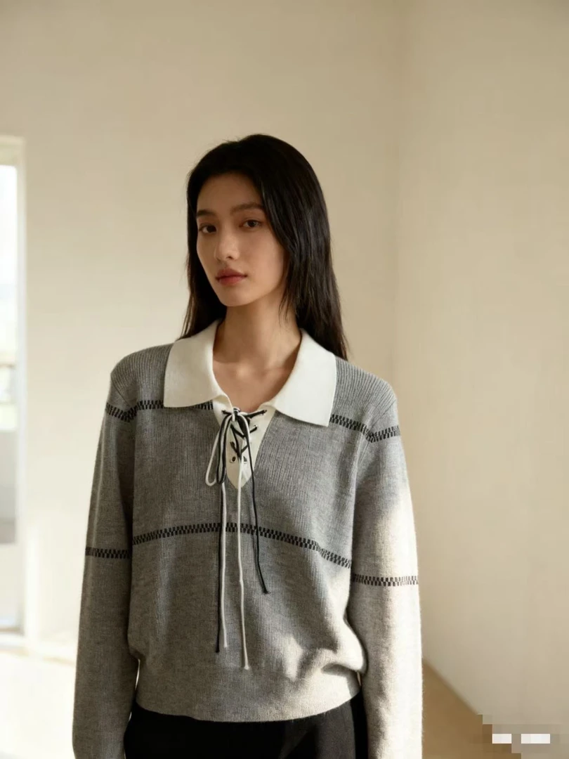 灰色毛衣绑带气质显瘦时尚百搭女装上衣