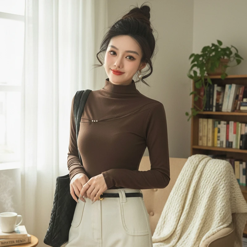 韩版设计感半高领修身显瘦打底衫加绒上衣女休闲时尚通勤长袖t恤