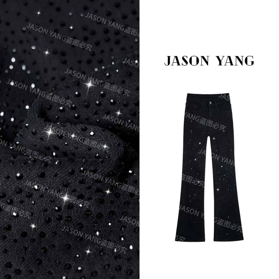 冬季高级感重工镶钻显瘦时尚微喇加绒牛仔裤A501