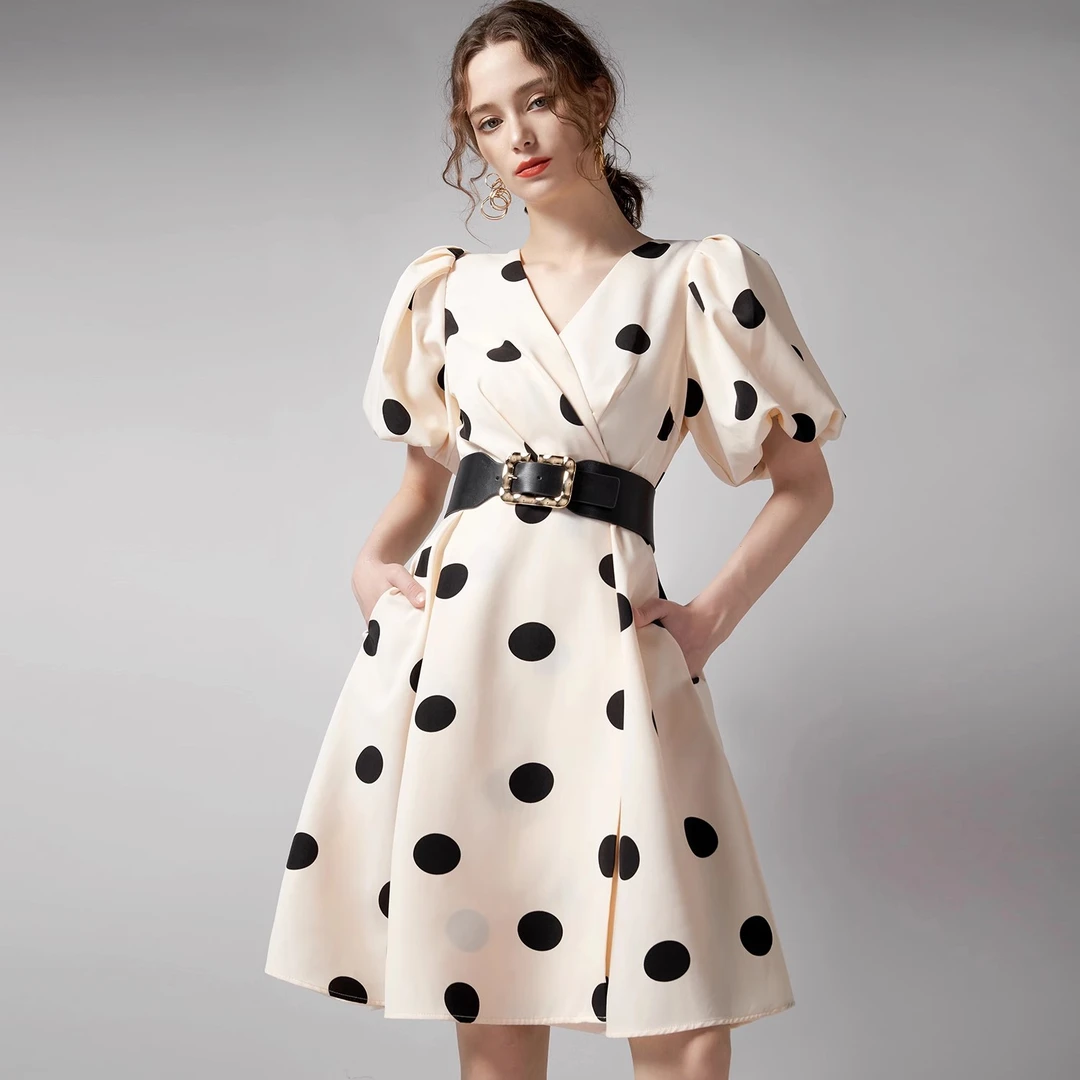 【高高甄选】AUI波点气质高级感高腰V领连衣裙女-24W014528