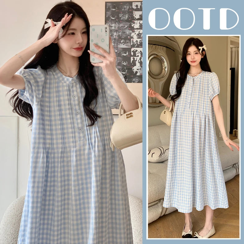 孕妇连衣裙夏季复古格子减龄宽松遮肉夏装2025新款中长款过膝裙子