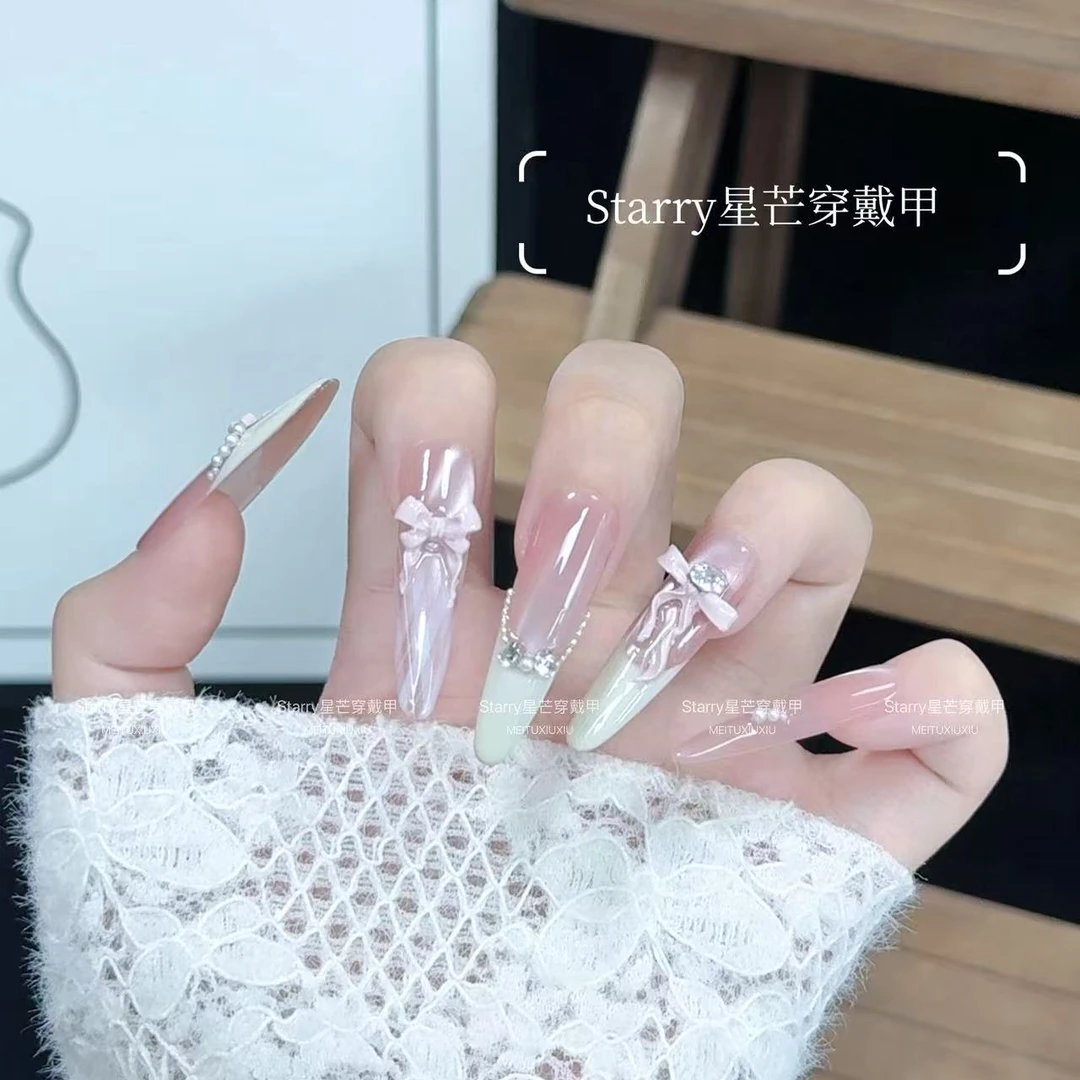 【粉缎甜心】长款穿戴甲高级甜美色猫眼法式蝴蝶结手工美甲中长款