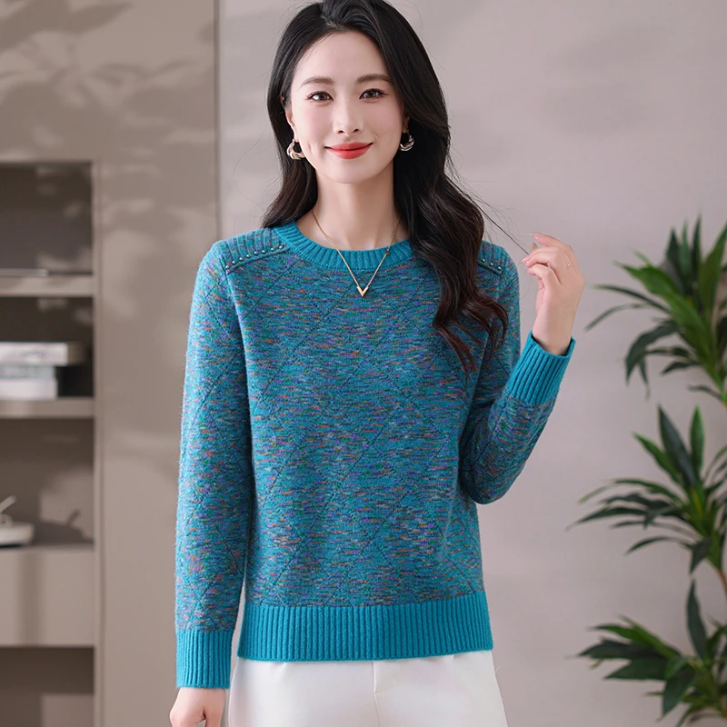 气质圆领毛衣春秋新款百搭针织衫宽松时尚提花打底衫休闲套头上衣