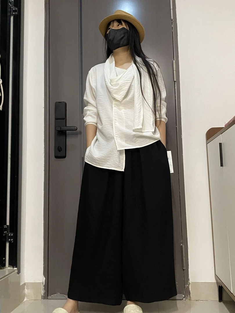 2025春季爆款时尚新款不规则自带围巾长袖衬衫春款女休闲百搭