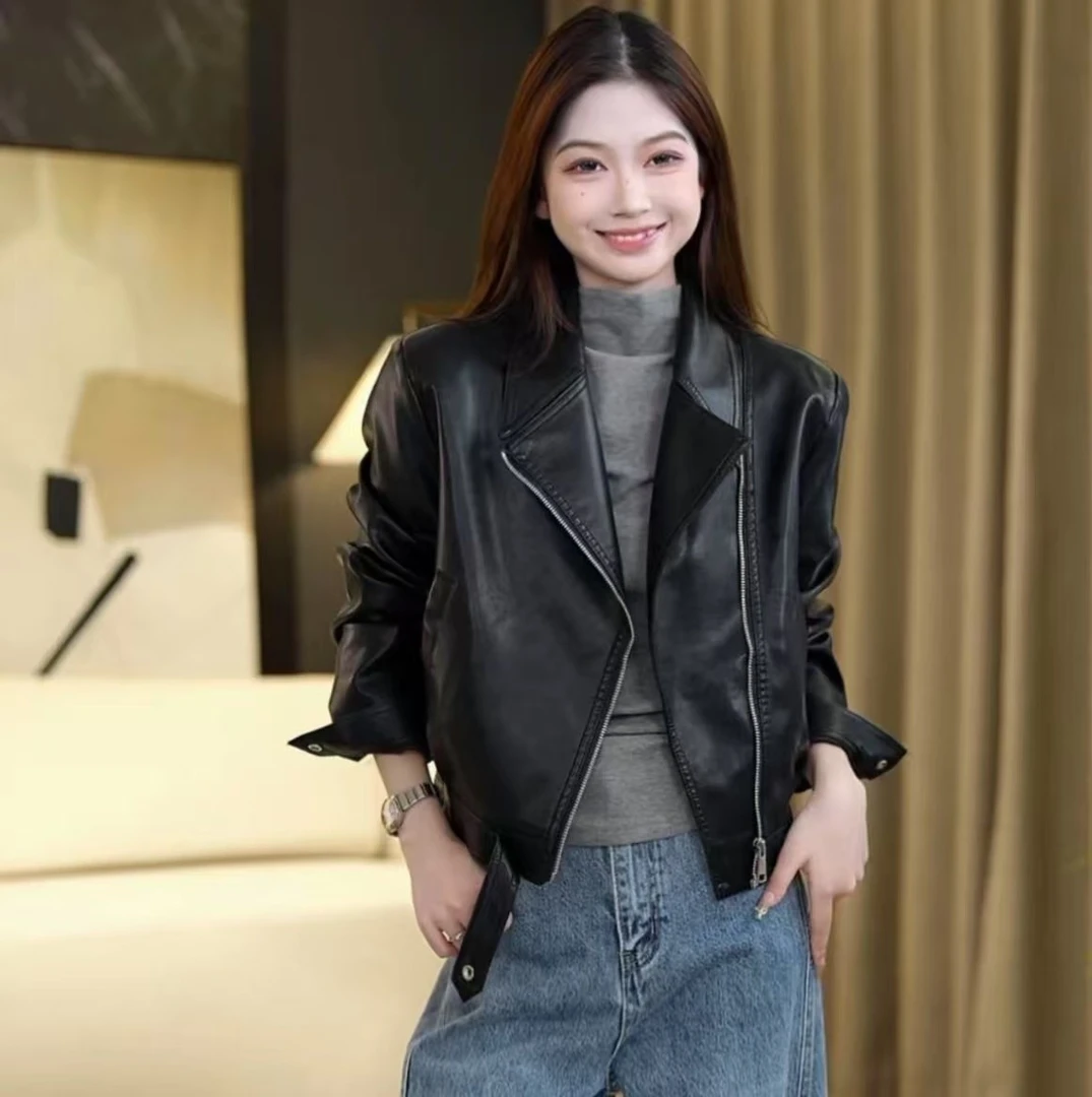 秋季女装皮衣外套女机车短款休闲宽松复古皮夹克小个子2318