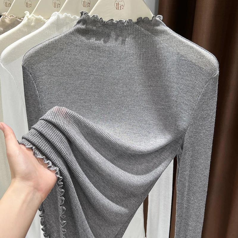 超好看螺纹针织衫女t恤春秋新款打底衫内搭小高领显身材长袖上衣