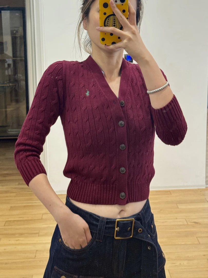 99新 Ralph Lauren/拉夫劳伦 娜娜专属  麻花针织开衫  酒红色