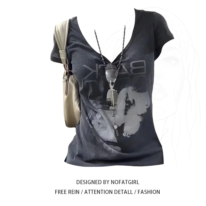 大码胖MM美式复古印花短袖T恤女夏季2025新款修身显瘦别致上衣