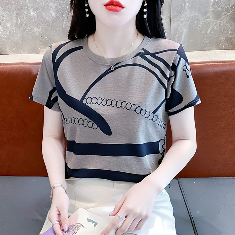 宽松正肩t恤女印花休闲百搭女士短袖上衣夏季圆领2025年新款体恤