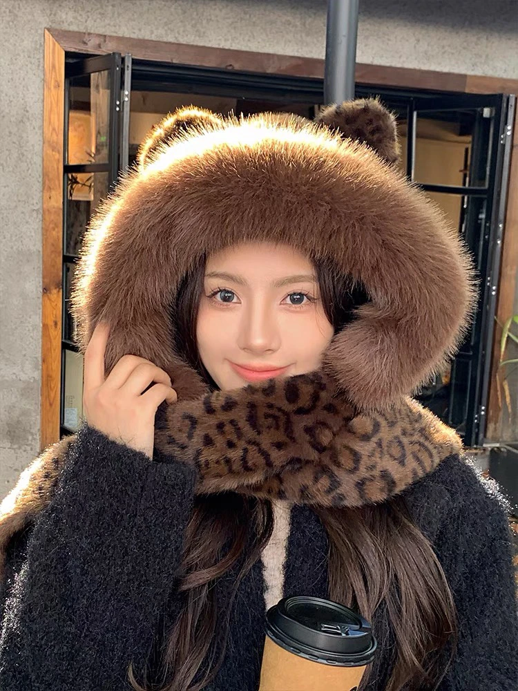 冬季女帽子加绒围巾一体豹纹熊耳朵貂绒帽东北毛绒加厚保暖显脸小